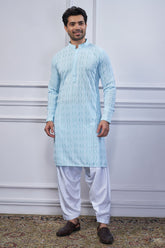 Light Blue Art Silk Lucknowi Embroidered Kurta Pajama